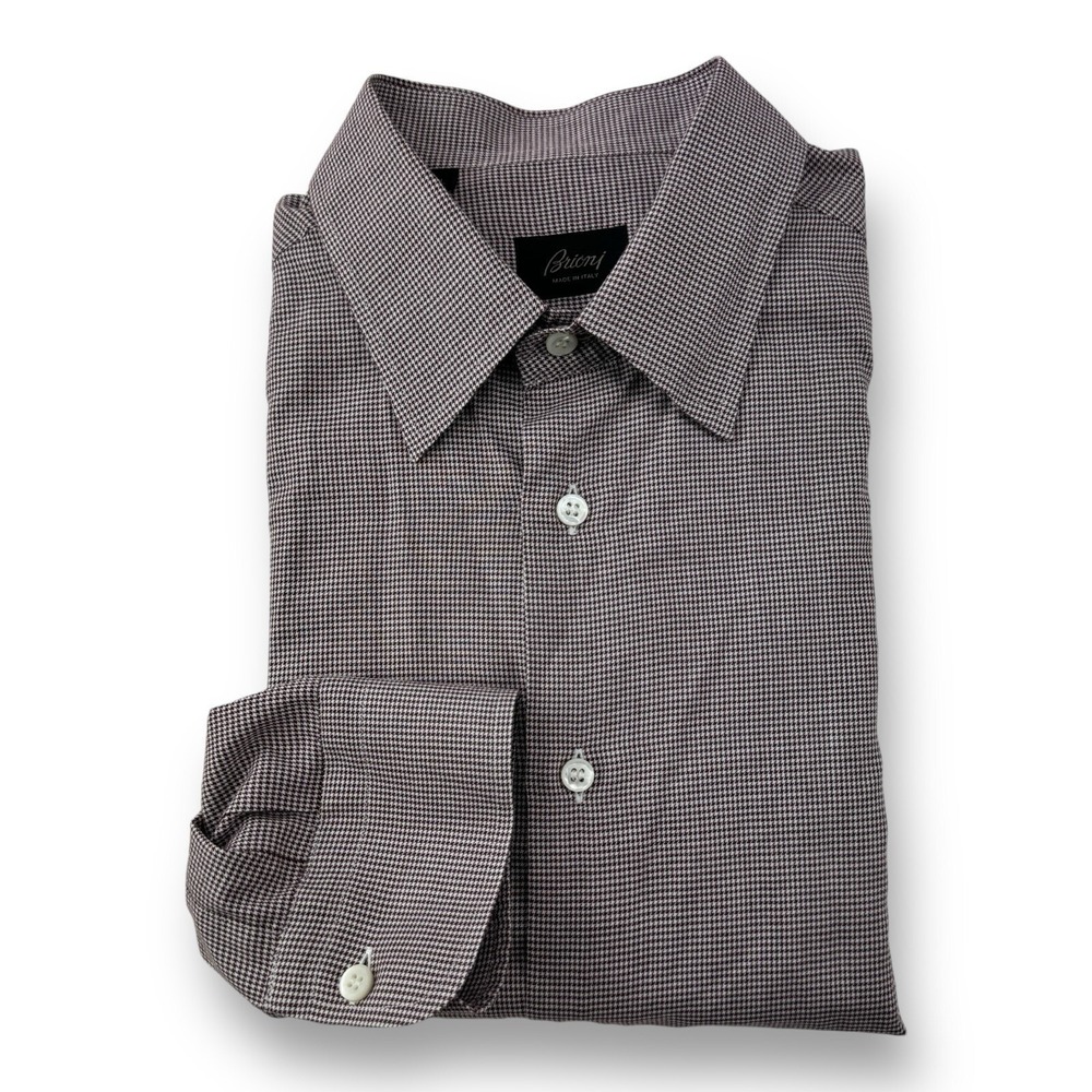 Brioni Current Long Sleeve‎ Button-Up Shirt Burgundy White Puppytooth Size Large